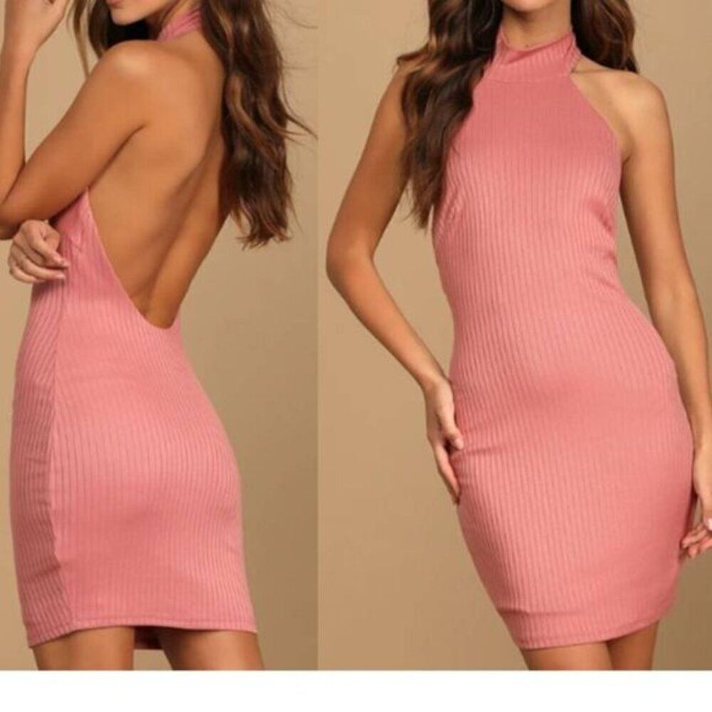 Lulus Got the Groove Dusty Pink Ribbed Halter Bodycon Mini Dress